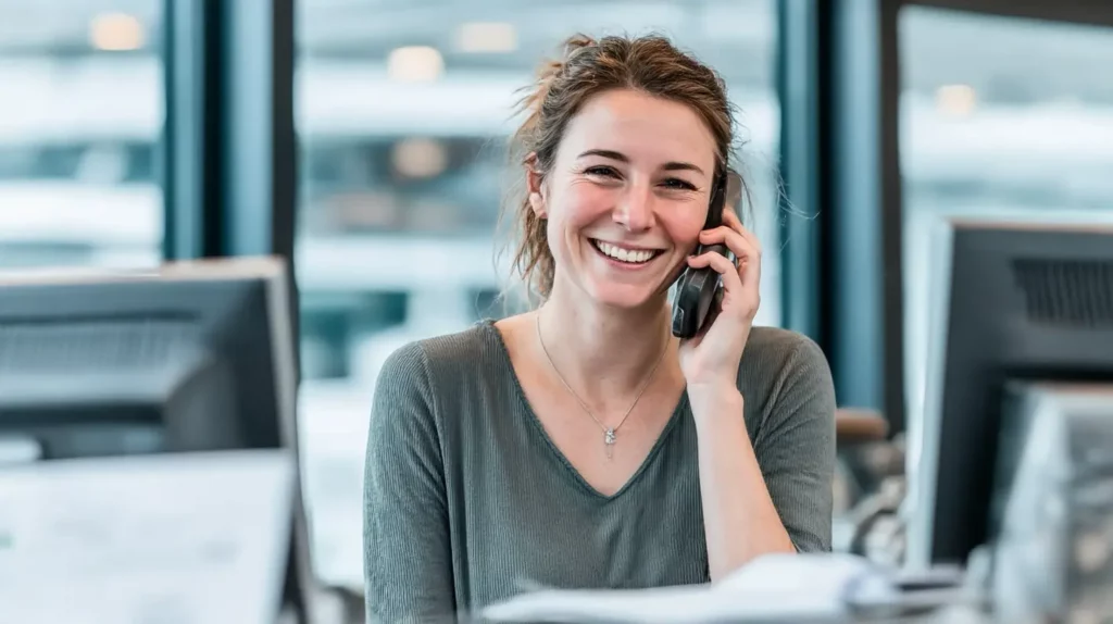 Lächelnde Frau am Telefon in einem modernen Büro mit Computern im Hintergrund.